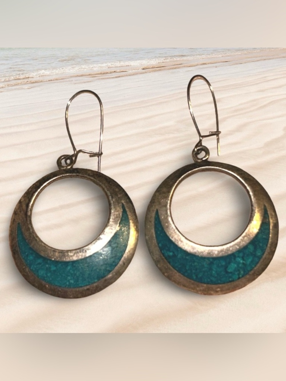 Elegant Turquoise Inlay Sterling Silver Hoop Southwestern Earrings Mexico